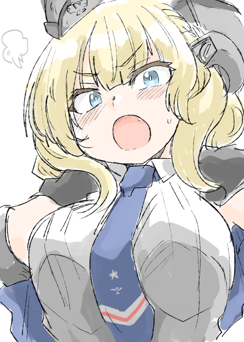 1girl absurdres blonde_hair blue_eyes blue_neckwear breasts capelet colorado_(kancolle) commentary_request fang garrison_cap grey_capelet grey_headwear hat highres kantai_collection large_breasts looking_at_viewer necktie open_mouth poyo_(hellmayuge) shirt short_hair side_braids simple_background sleeveless solo upper_body white_background white_shirt