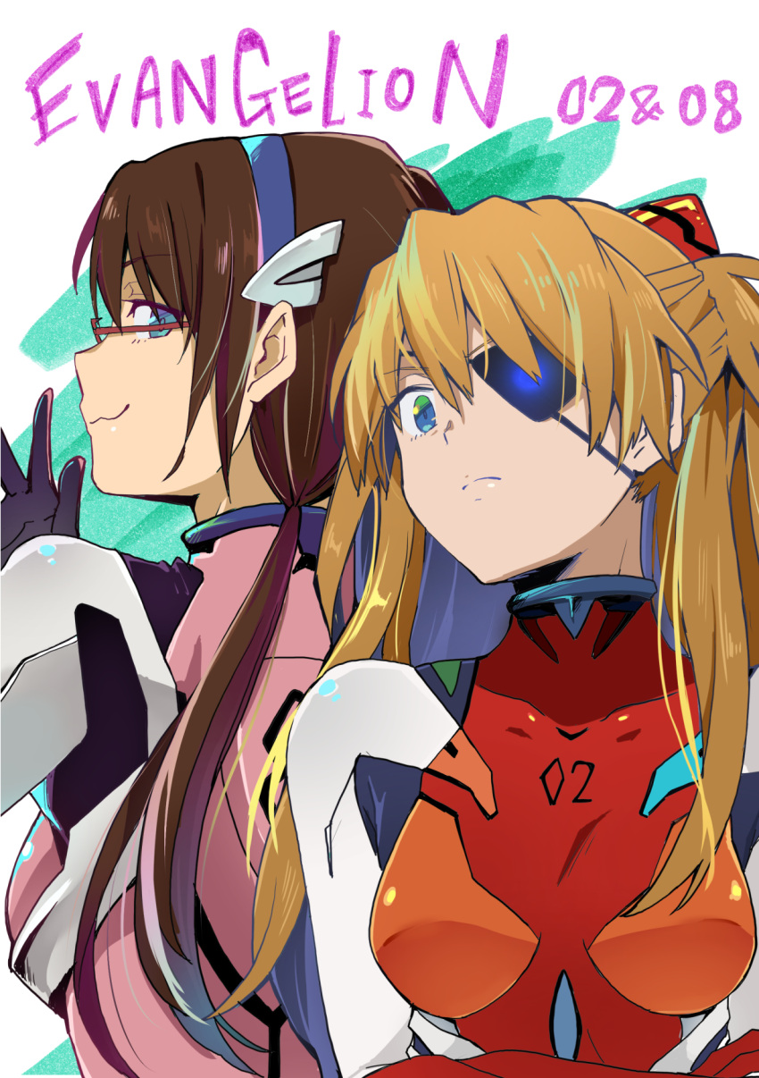 2girls :3 blonde_hair blue_eyes breasts brown_hair copyright_name crossed_arms eyepatch glowing glowing_eye hair_between_eyes highres interface_headset looking_at_viewer low_twintails makinami_mari_illustrious medium_breasts multiple_girls neon_genesis_evangelion nori_senbei plugsuit rebuild_of_evangelion red-framed_eyewear skin_tight smile souryuu_asuka_langley twintails upper_body waving white_background