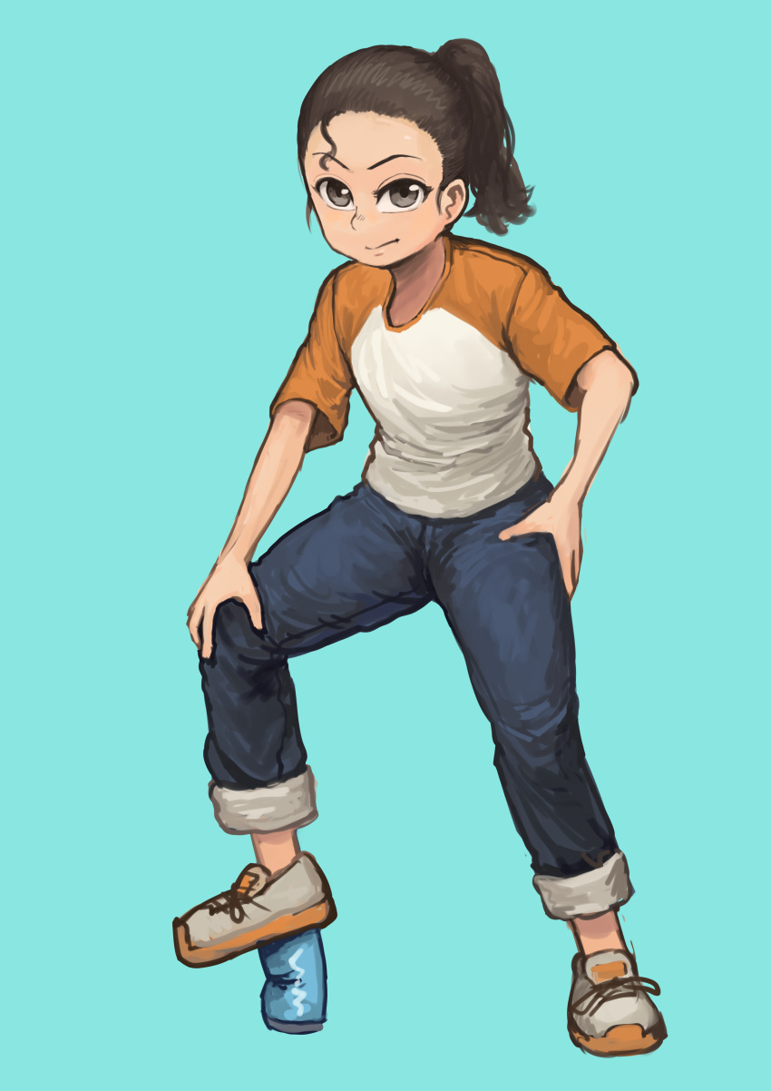 1girl absurdres aqua_background black_hair blue_pants can chanta_(ayatakaoisii) full_body grey_eyes grey_footwear hand_on_hip highres long_hair looking_at_viewer original pants ponytail raglan_sleeves shoes short_sleeves simple_background solo standing