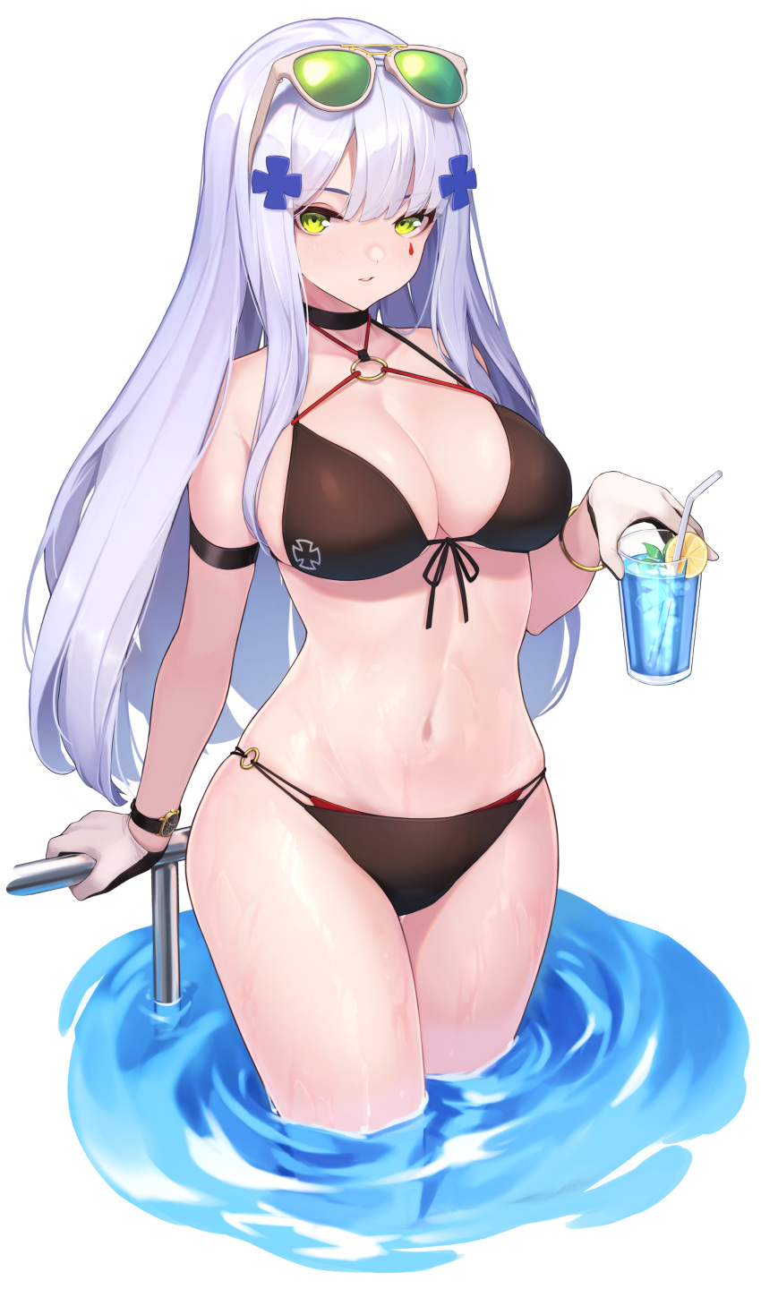 1girl absurdres bangs bare_arms bare_shoulders bikini black_bikini blush bracelet breasts choker cleavage collarbone commentary_request cup drink drinking_glass drinking_straw eyebrows_visible_through_hair eyewear_on_head facial_mark food front-tie_bikini front-tie_top fruit girls'_frontline green_eyes hair_ornament highres hk416_(girls'_frontline) holding holding_cup jewelry large_breasts lemon lemon_slice long_hair looking_at_viewer mari0ball multi-strapped_bikini navel o-ring o-ring_bikini o-ring_bottom o-ring_top parted_lips silver_hair simple_background skindentation solo sunglasses swimsuit very_long_hair wading water wet white_background