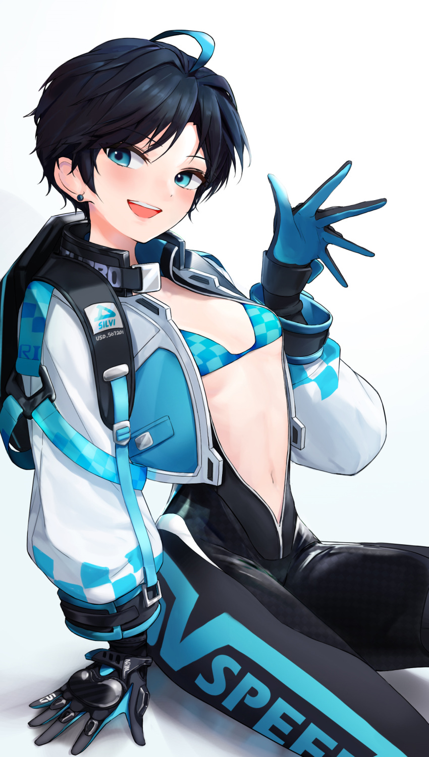 1girl absurdres ahoge backpack bag bangs bikini black_gloves black_hair black_survival blue_bikini blue_eyes blue_hair blush bodysuit breasts checkered checkered_bikini earrings eyebrows_visible_through_hair full-length_zipper gloves highres jewelry looking_at_viewer multicolored_hair navel open_bodysuit open_mouth parted_bangs short_hair silvia_piquet simple_background sitting small_breasts smile solo stomach streaked_hair stud_earrings swimsuit takealook unzipped waving white_background zipper