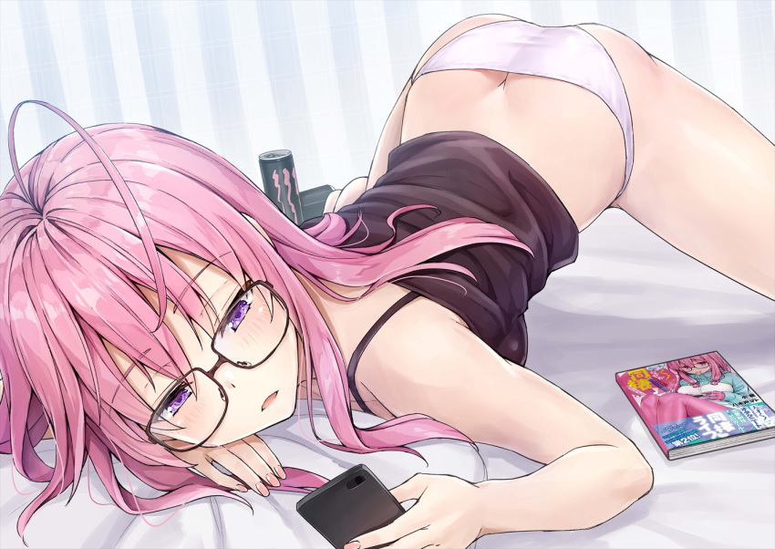 1girl ahoge ass bangs black-framed_eyewear blush breasts camisole can cellphone commentary_request eyebrows_visible_through_hair glasses holding jack-o'_challenge kotatsu_(kotatsu358) large_breasts long_hair monster_energy neet_de_otaku_na_kunoichi_to_naze_ka_dousei_hajimemashita open_mouth panties phone pillow pink_hair purple_eyes shiny shiny_hair shiny_skin shizuri_(neet_de_otaku_na_kunoichi_to_naze_ka_dousei_hajimemashita) solo striped striped_panties top-down_bottom-up translation_request underwear