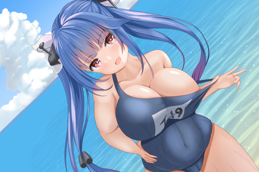 1girl blue_hair blue_sky blue_swimsuit breasts cloud covered_navel day flower-shaped_pupils hair_ribbon highres i-19_(kancolle) kantai_collection large_breasts long_hair name_tag ocean one-piece_swimsuit outdoors pulled_by_self red_eyes ribbon school_swimsuit sky solo strap_pull swimsuit tri_tails wenetora