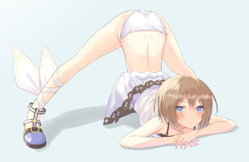 1girl :/ all_fours ankle_ribbon ass back bare_legs bare_shoulders blanc blue_eyes blush brown_hair clothes_lift commentary_request cross_print dress dress_lift embarrassed full_body hair_between_eyes jack-o'_challenge legs legs_apart looking_at_viewer medium_hair meme neptune_(series) panties ray_726 ribbon solo spaghetti_strap thighs top-down_bottom-up underwear white_dress white_panties white_ribbon