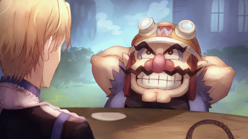 2boys absurdres arms_behind_back basket black_shirt blonde_hair crossover denim_vest dimitri_alexandre_blaiddyd facial_hair fire_emblem fire_emblem:_three_houses grin helmet highres looking_at_another male_focus motorcycle_helmet multiple_boys mustache pink_nose saucer shiburingaru shirt smile table teeth torn_clothes torn_sleeves wario warioware