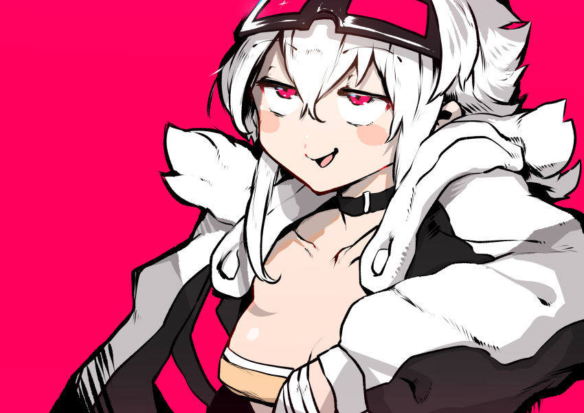 1girl :d absurdres bandeau blush_stickers breasts choker cleavage goggles goggles_on_head hair_between_eyes highres jacket jitome long_sleeves medium_breasts medium_hair niwamaru_(niwarhythm) niwarhythm open_clothes open_jacket open_mouth original red_background red_eyes simple_background smile smug solo upper_body upturned_eyes white_hair