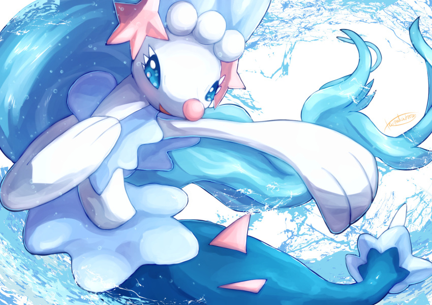 blue_eyes commentary_request highres no_humans open_mouth outstretched_arm pokemon pokemon_(creature) primarina shiny smile solo tanpakuroom water water_drop