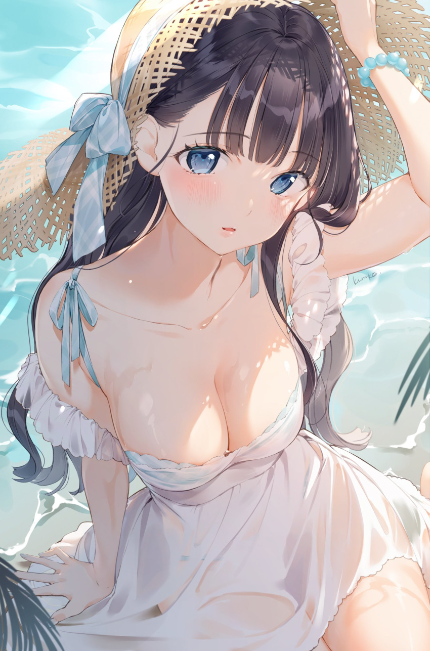 dress kinako_(shiratama_mochi) no_bra see_through summer_dress wardrobe_malfunction wet wet_clothes