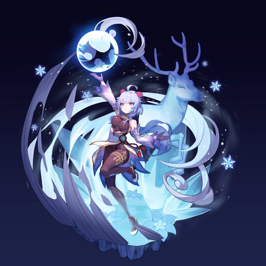 1girl antlers bangs bare_shoulders black_gloves black_legwear blue_eyes blue_flower breasts cleavage deer flower full_body full_moon ganyu_(genshin_impact) genshin_impact gloves hair_between_eyes highres horns lim_jaejin moon open_mouth orb outstretched_arm purple_eyes shoes short_hair snowflakes standing standing_on_one_leg teeth white_footwear