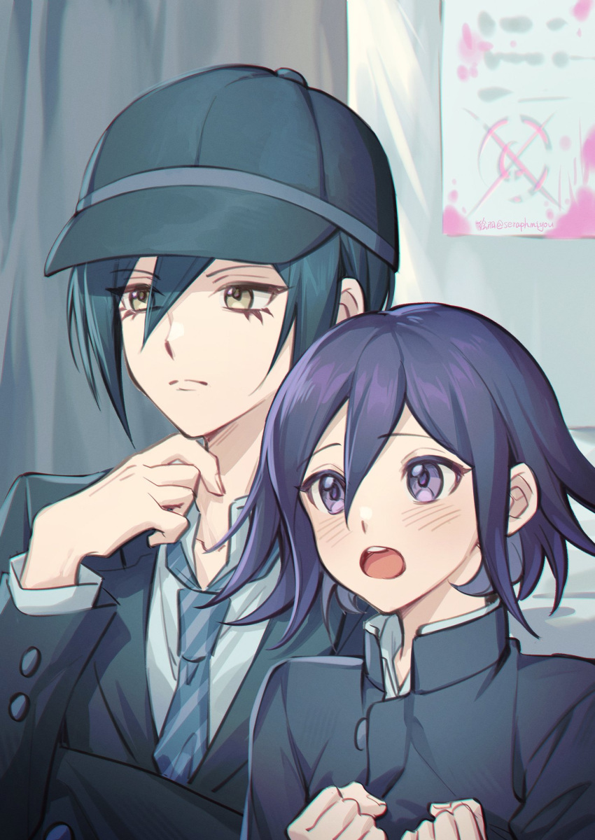 2boys bangs black_hair black_headwear black_jacket blush brown_eyes clenched_hands danganronpa_(series) danganronpa_v3:_killing_harmony diagonal-striped_neckwear diagonal_stripes ewa_(seraphhuiyu) eyelashes frown hair_between_eyes hand_up hands_up hat highres jacket long_sleeves male_focus multiple_boys necktie official_alternate_costume open_mouth ouma_kokichi purple_eyes purple_hair saihara_shuuichi striped striped_neckwear twitter_username upper_body upper_teeth