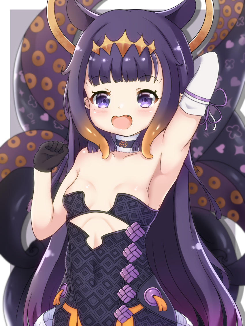 1girl :d absurdres arm_behind_head arm_up armpits bangs bare_shoulders black_gloves black_hair blunt_bangs blurry breasts choker cleavage collarbone depth_of_field detached_sleeves eyebrows_visible_through_hair gloves hairband highres hololive hololive_english long_hair looking_at_viewer mole mole_under_eye ninomae_ina'nis open_mouth purple_eyes sidelocks simple_background single_glove single_sleeve small_breasts smile solo tentacle_hair tentacles virtual_youtuber zendamu