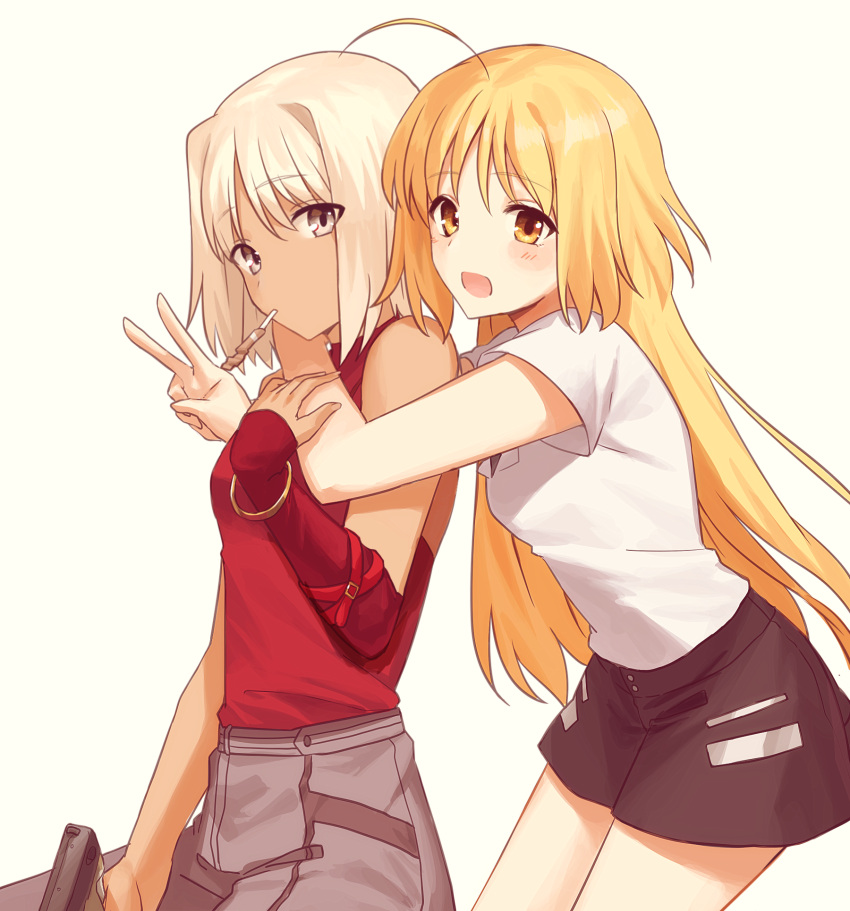 2girls 428 :d ahoge arm_around_neck bangs black_shorts blonde_hair blush bracelet brown_eyes canaan canaan_(character) detached_sleeves eyebrows_visible_through_hair grey_eyes grey_pants gun hair_between_eyes handgun highres holding holding_gun holding_weapon hug hug_from_behind jewelry long_hair long_sleeves looking_at_viewer medium_hair mouth_hold multiple_girls okakasushi oosawa_maria open_mouth pants red_shirt red_sleeves shiny shiny_hair shirt short_shorts short_sleeves shorts silver_hair simple_background sleeveless sleeveless_shirt sleeves_past_wrists smile v very_long_hair weapon white_background white_shirt