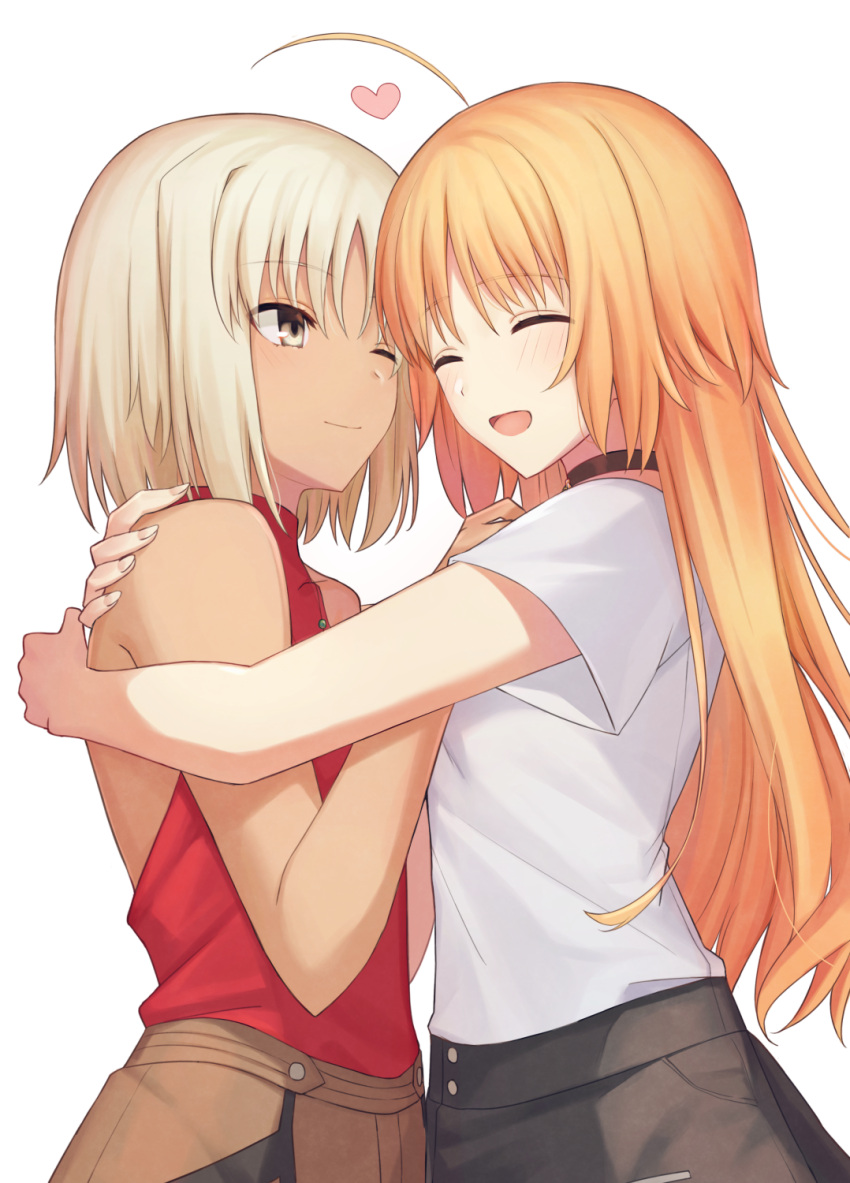 2girls 428 :d ;) ^_^ backless_outfit black_choker blonde_hair brown_eyes canaan canaan_(character) choker closed_eyes collarbone couple highres hug long_hair multiple_girls okakasushi one_eye_closed oosawa_maria open_mouth red_shirt shirt short_hair short_sleeves silver_hair sleeveless sleeveless_shirt smile straight_hair very_long_hair white_shirt yuri