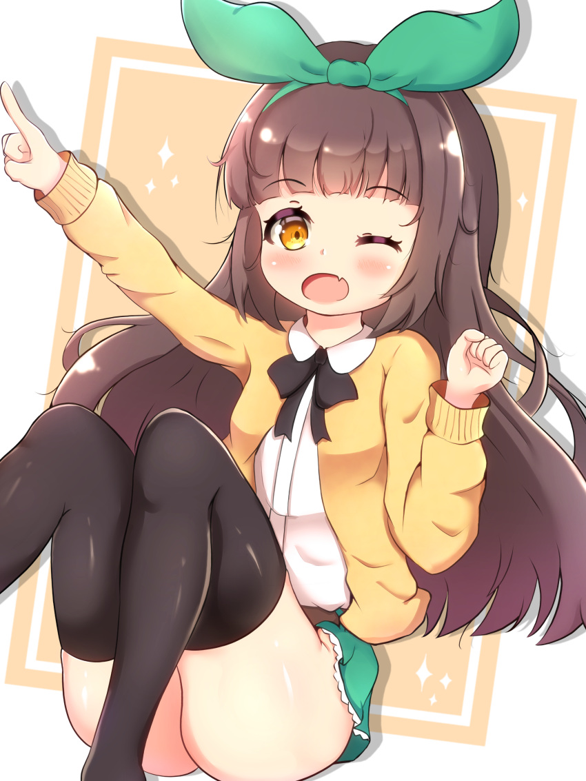 1girl ;d absurdres arm_up ass bangs black_legwear blunt_bangs bow bowtie brown_eyes brown_hair clenched_hand commentary_request eyebrows_visible_through_hair green_skirt hairband highres indie_virtual_youtuber knees_together_feet_apart long_hair long_sleeves looking_at_viewer nanahira one_eye_closed open_mouth pleated_skirt pointing pointing_up shirt sidelocks simple_background sitting skirt smile solo sweater thighhighs two-tone_background utaite_(singer) virtual_youtuber white_shirt zendamu