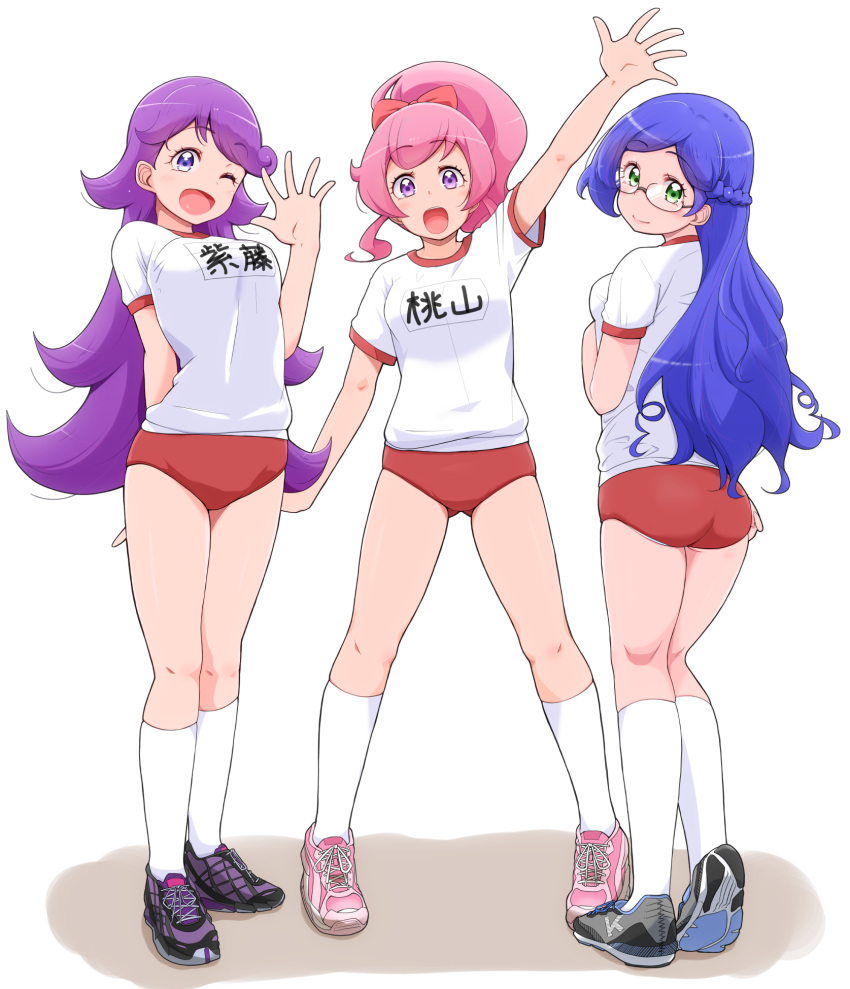 3girls :d aoba_rinka ass black_footwear blue_hair bow braid buruma closed_mouth french_braid glasses green_eyes gym_uniform hair_bow hand_up highres kiratto_pri_chan kneepits looking_at_viewer momoyama_mirai multiple_girls name_tag one_eye_closed open_mouth pink_bow pink_footwear pink_hair pretty_(series) purple_eyes purple_footwear purple_hair red_buruma semi-rimless_eyewear shido_mel shirt shoes smile socks under-rim_eyewear white_background white_legwear white_shirt yonekura_hisaki