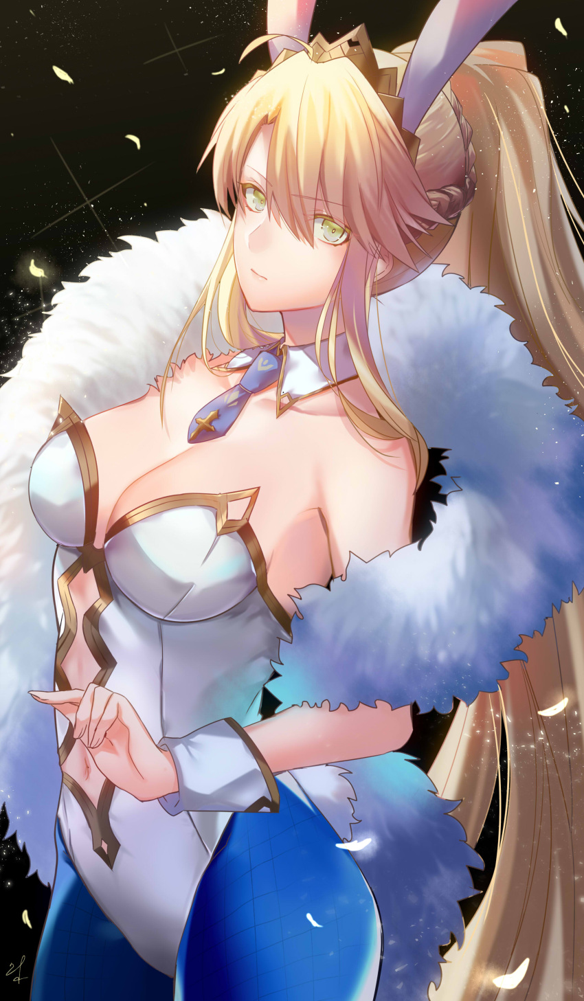 1girl absurdres animal_ears artoria_pendragon_(fate) artoria_pendragon_(swimsuit_ruler)_(fate) bangs black_background blonde_hair blue_legwear blue_neckwear braid breasts cleavage closed_mouth collar collarbone cowboy_shot detached_collar eyebrows_visible_through_hair fate/grand_order fate_(series) green_eyes hair_between_eyes high_ponytail highres large_breasts leotard long_hair midriff navel necktie pantyhose petals playboy_bunny rabbit_ears rabbit_tail short_necktie solo standing stomach strapless strapless_leotard tail tarao_(13raven) very_long_hair white_collar white_leotard wing_collar wrist_cuffs