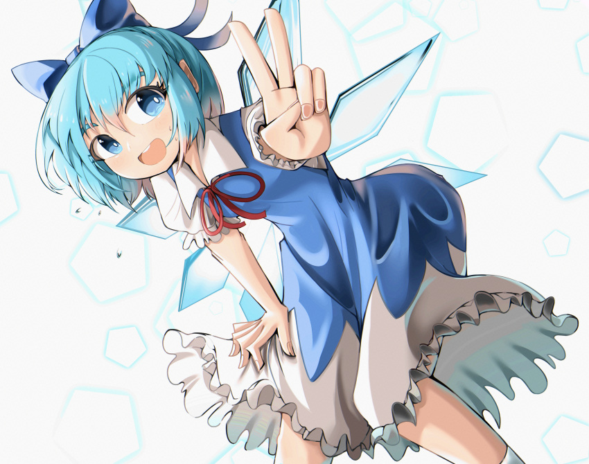 1girl :d absurdres bangs bent_over blue_bow blue_dress blue_eyes blue_hair bow cirno dress eyebrows_behind_hair hair_bow highres huge_filesize looking_at_viewer open_mouth pentagon_(shape) pinafore_dress puffy_short_sleeves puffy_sleeves shirt short_hair short_sleeves smile solo spam_(spamham4506) touhou v white_background white_legwear white_shirt