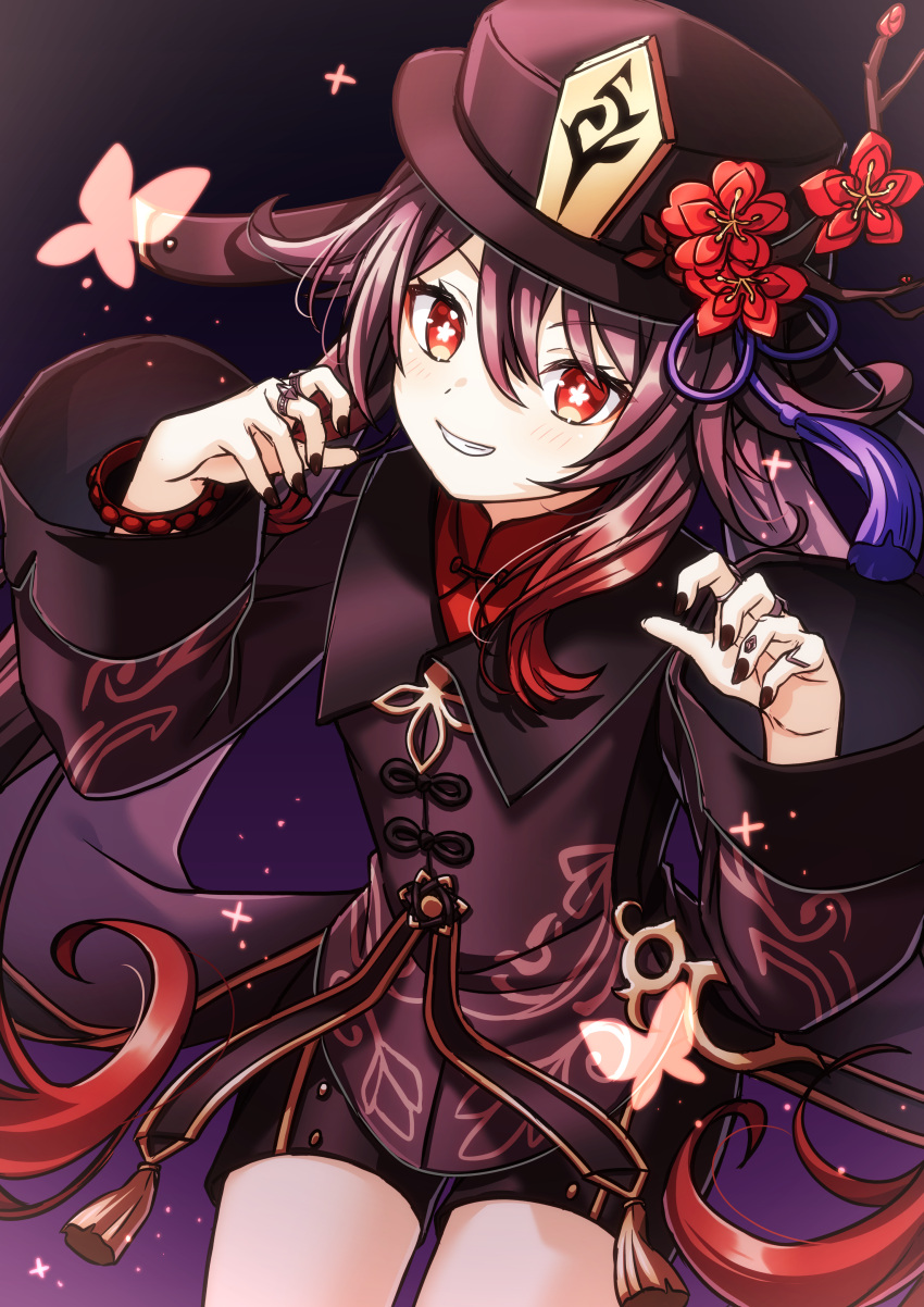 1girl :d absurdres bangs black_nails black_shorts bracelet brown_hair bug butterfly chinese_clothes commentary_request eyebrows_visible_through_hair flower genshin_impact ghost_pose grin hair_between_eyes hat hat_flower hat_ornament highres hu_tao_(genshin_impact) jewelry long_hair long_sleeves looking_at_viewer open_mouth pochimaru_(marumaru_wanwan) red_eyes ring shorts sidelocks simple_background smile symbol-shaped_pupils twintails