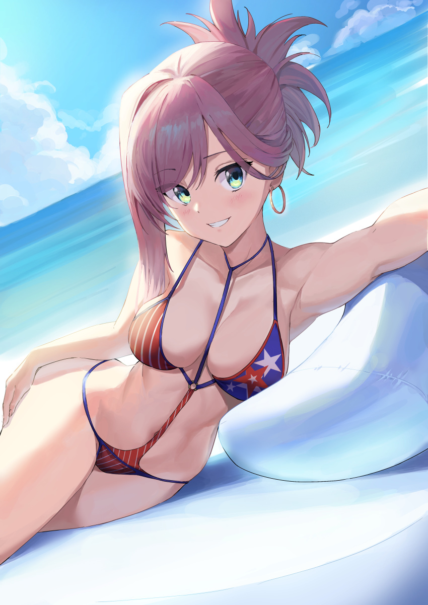 1girl absurdres american_flag_bikini bikini blue_sky breasts clenched_teeth cloud collarbone day earrings eyebrows_visible_through_hair eyes_visible_through_hair fate/grand_order fate_(series) flag_print green_eyes highres hoop_earrings jewelry looking_at_viewer medium_breasts miyamoto_musashi_(fate) miyamoto_musashi_(swimsuit_berserker)_(fate) ocean outdoors pillow pink_hair ponytail revision short_hair sky smile solo swimsuit teeth ym_(pixiv2132273)