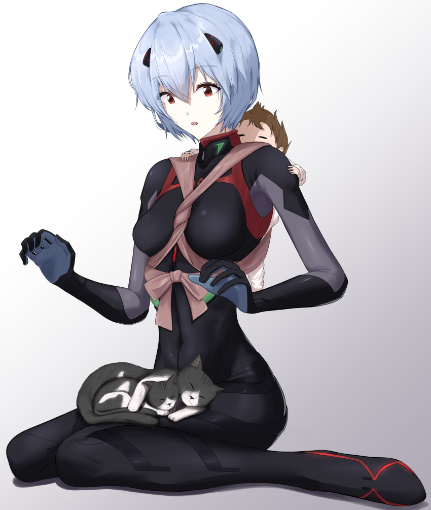 2girls :o absurdres animal_on_lap ayanami_rei baby baby_carrier bangs black_bodysuit blue_hair bodysuit breasts brown_hair carrying_person cat cat_on_lap commentary cuddling curious curled_fingers evangelion:_3.0+1.0_thrice_upon_a_time full_body gradient gradient_background grey_cat hair_between_eyes hand_on_another's_shoulder highres holding_baby interested interface_headset looking_at_animal looking_down medium_breasts messy_hair multiple_girls neon_genesis_evangelion open_mouth outstretched_hand pale_skin parted_lips person_on_back plugsuit raised_eyebrows rebuild_of_evangelion red_eyes short_hair sitting sleeping solo_focus surprised suzuhara_tsubame wariza white_background white_cat