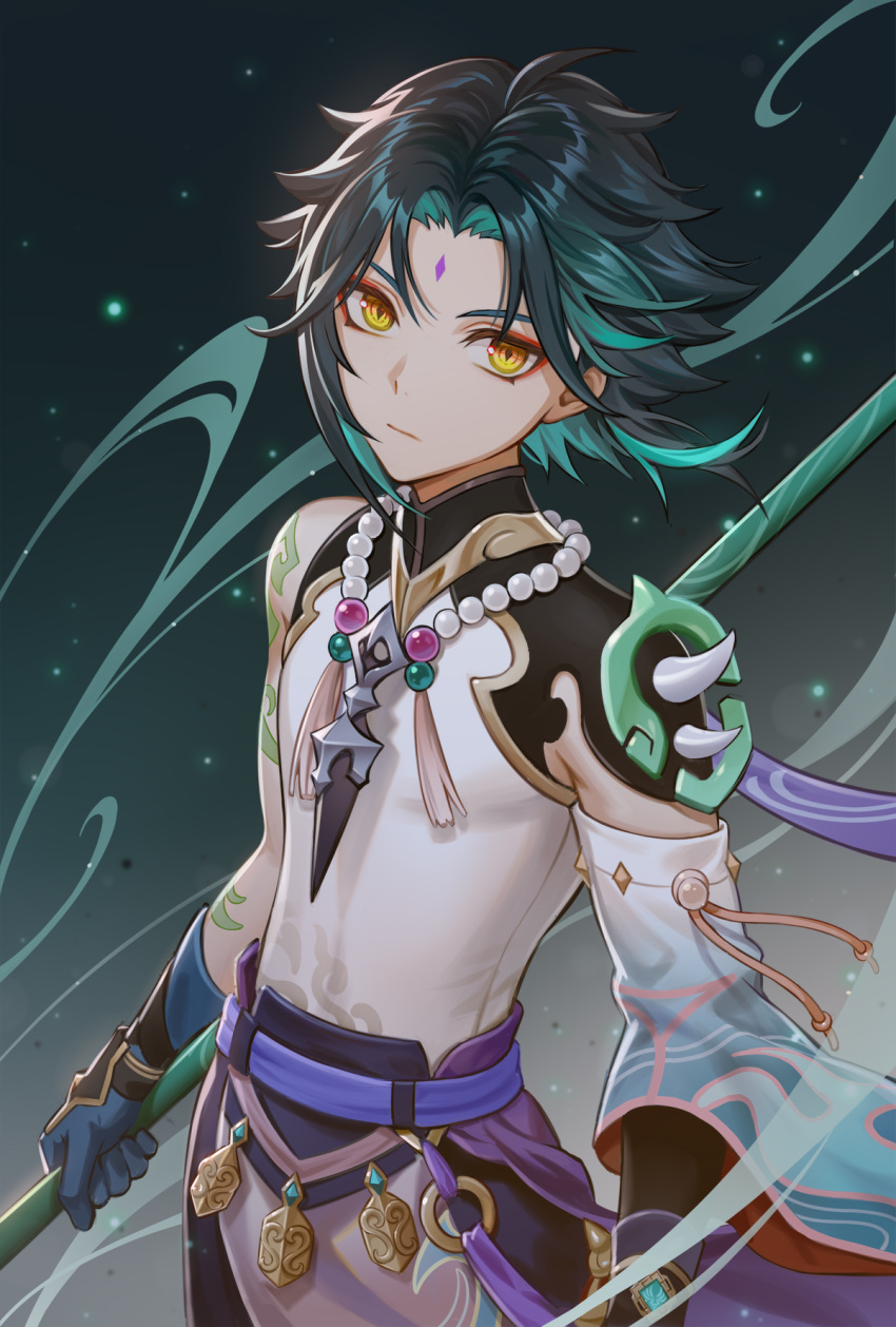 1boy aqua_hair bangs bare_shoulders black_hair blue_gloves blue_sleeves brown_eyes closed_mouth commentary_request detached_sleeves eyebrows_behind_hair facial_mark forehead_mark genshin_impact gloves gradient_sleeves highres holding lazuri7 long_sleeves looking_at_viewer male_focus multicolored_hair parted_bangs shirt solo streaked_hair white_shirt white_sleeves wide_sleeves xiao_(genshin_impact)