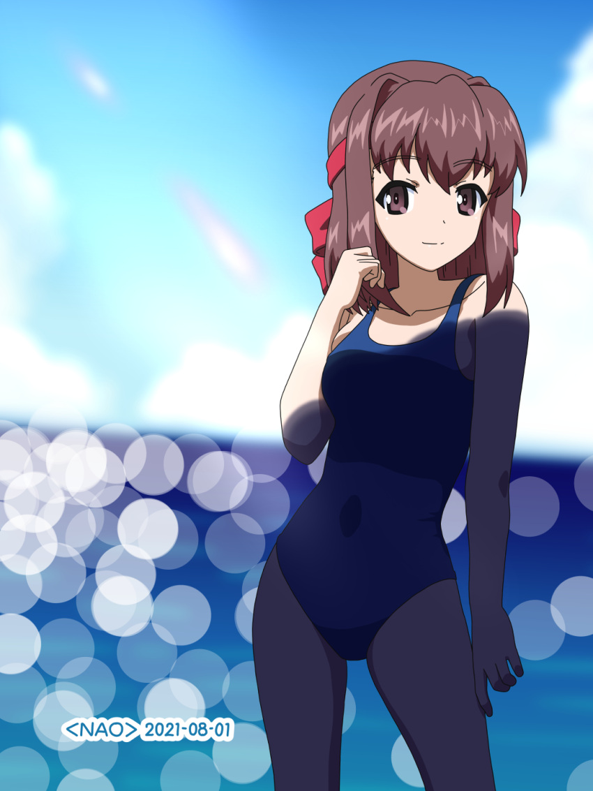 1girl artist_name bangs blue_sky blue_swimsuit blurry blurry_background brown_eyes brown_hair cloud cloudy_sky commentary cowboy_shot dated day eyebrows_visible_through_hair girls_und_panzer hand_in_hair headband highres horizon kondou_taeko lens_flare looking_at_viewer medium_hair naotosi ocean one-piece_swimsuit open_mouth outdoors red_headband school_swimsuit shade sky smile solo standing swimsuit