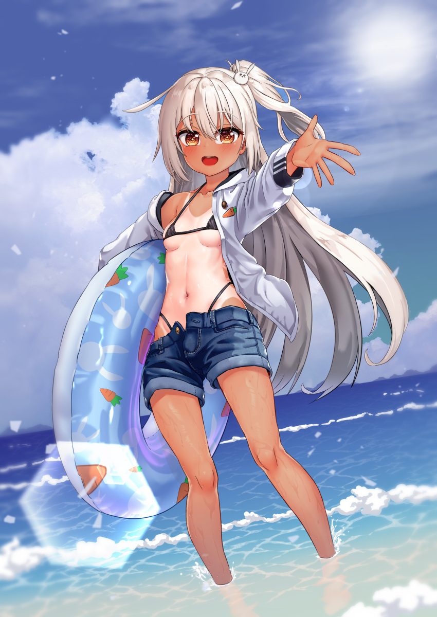 1girl :d ;d absurdres ahoge bangs bikini bikini_top blue_sky breasts brown_eyes bunny_hair_ornament cleavage cloud cloudy_sky collarbone colored_skin commentary_request denim denim_shorts eyebrows_visible_through_hair eyes_visible_through_hair hair_between_eyes hair_ornament highres holding hood hooded_jacket horizon hryeon in_water innertube jacket long_hair long_sleeves looking_at_viewer micro_bikini midriff multicolored multicolored_skin navel ocean one_eye_closed one_side_up open_mouth original reaching_out short_shorts shorts sidelocks silver_hair sky smile solo sun swimsuit tan tanlines two-tone_skin wind