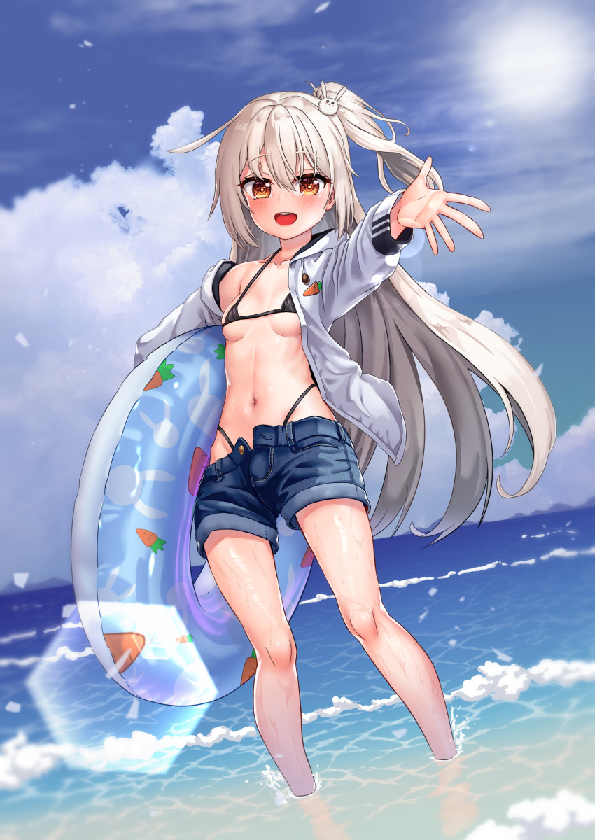1girl :d ;d absurdres ahoge bangs bikini bikini_top blue_sky breasts brown_eyes bunny_hair_ornament cleavage cloud cloudy_sky collarbone commentary_request denim denim_shorts eyebrows_visible_through_hair eyes_visible_through_hair hair_between_eyes hair_ornament highres holding hood hooded_jacket horizon hryeon in_water innertube jacket long_hair long_sleeves looking_at_viewer micro_bikini midriff navel ocean one_eye_closed one_side_up open_mouth original reaching_out short_shorts shorts sidelocks silver_hair sky smile solo sun swimsuit wind