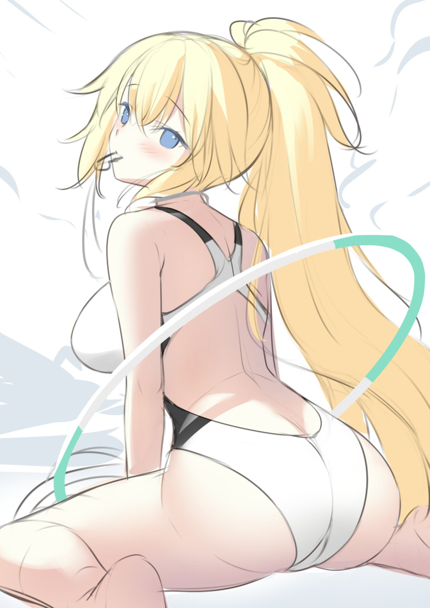 1girl blonde_hair blue_eyes competition_swimsuit fate/grand_order fate_(series) feet_out_of_frame from_behind highres jeanne_d'arc_(fate)_(all) jeanne_d'arc_(swimsuit_archer)_(fate) long_hair looking_at_viewer looking_back miko_(royal_milk) mouth_hold one-piece_swimsuit ponytail sitting solo swimsuit wariza whistle white_swimsuit
