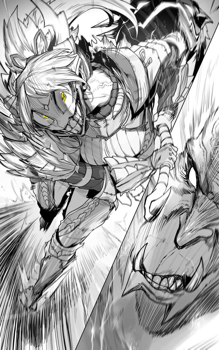 1girl absurdres armor crazy_eyes crazy_smile evil_grin evil_smile grin highres horns looking_at_viewer monster monster_hunter_(series) niwarhythm rajang sharp_teeth smile spiked_armor spikes teeth war_hammer weapon yellow_eyes zinogre_(armor)