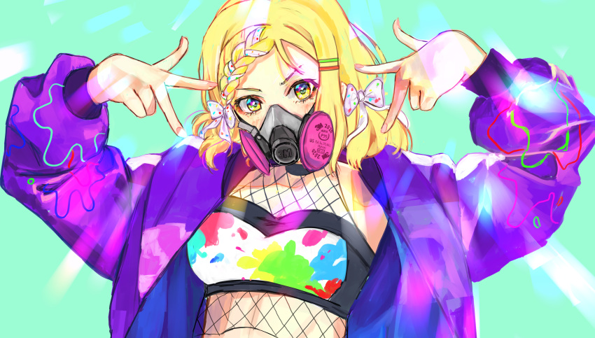 1girl absurdres alternate_costume aqua_background blonde_hair bow braid breasts fishnet_top fishnets front_braid gang_sign gas_mask green_eyes hair_bow highres jacket long_hair looking_at_viewer love_live! love_live!_sunshine!! mask medium_breasts ohara_mari pink_nails polka_dot polka_dot_bow proton06 purple_jacket solo upper_body v-shaped_eyebrows white_bow