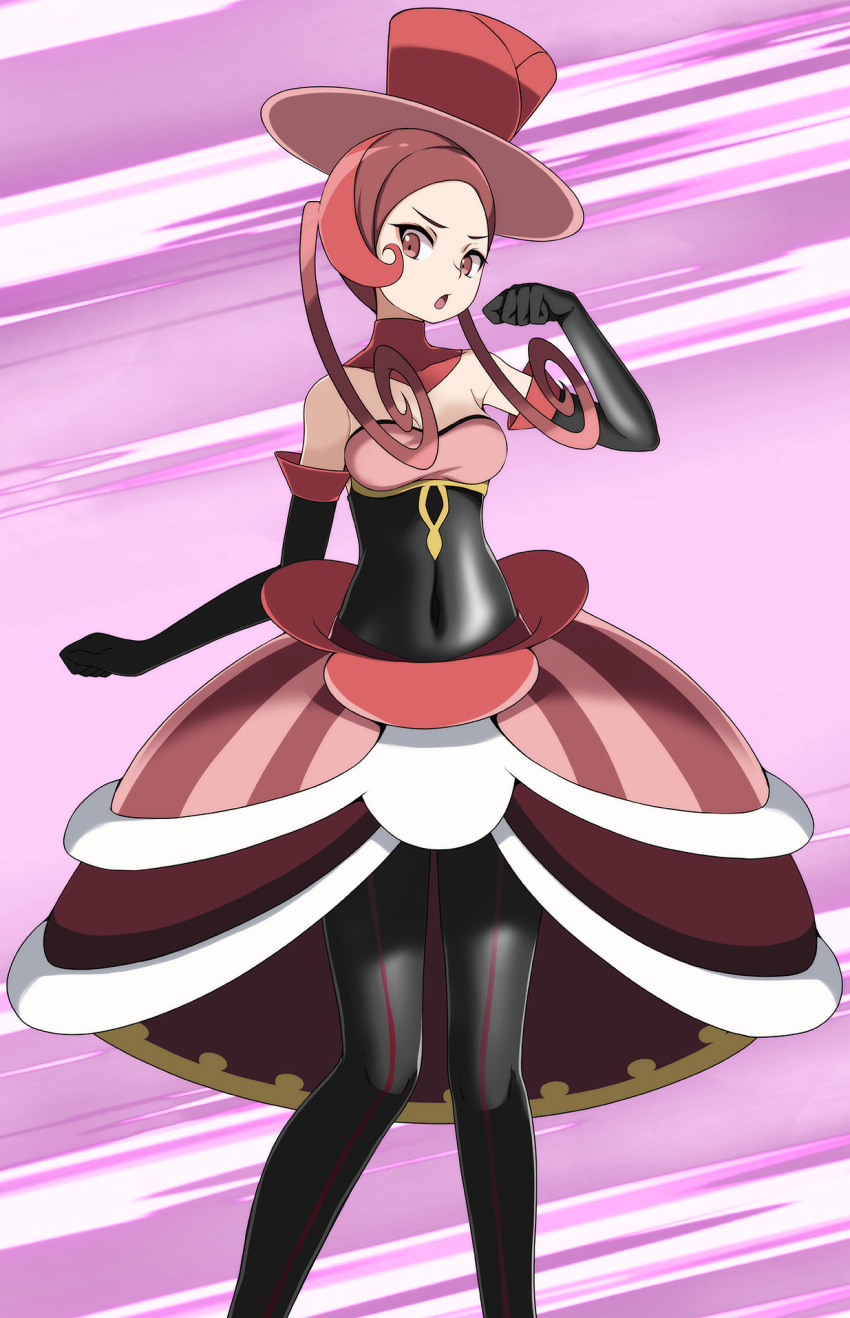 1girl black_gloves breasts brown_eyes brown_hair cleavage commentary_request covering_navel curly_hair dana_(pokemon) elbow_gloves gloves hat highres looking_at_viewer medium_breasts multicolored_hair open_mouth pink_background pokemon pokemon_(game) pokemon_xy red_hair red_headwear solo standing tsukishiro_saika two-tone_hair