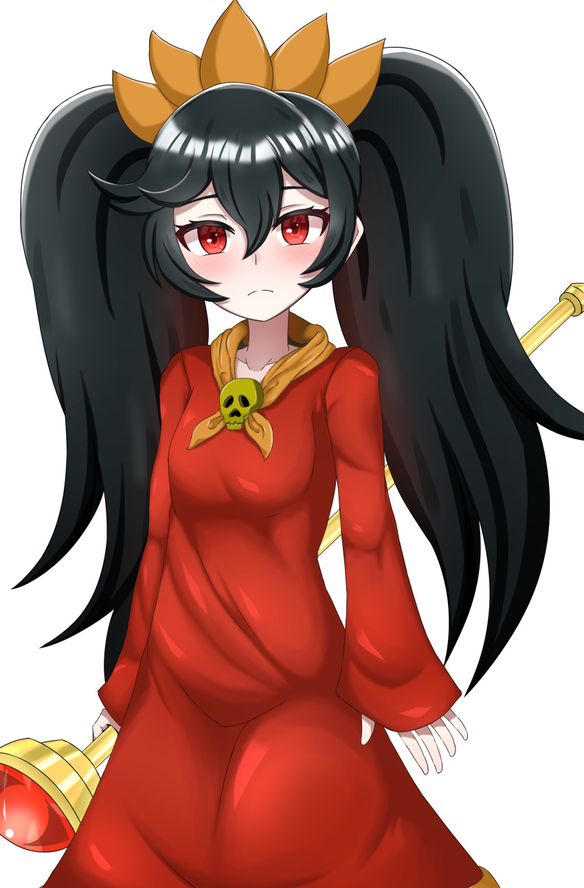 1girl absurdres ashley_(warioware) black_hair breasts dress frown highres long_hair long_sleeves looking_at_viewer neckerchief orange_neckwear red_dress red_eyes skull_brooch small_breasts staff tsuchinokonoko twintails warioware