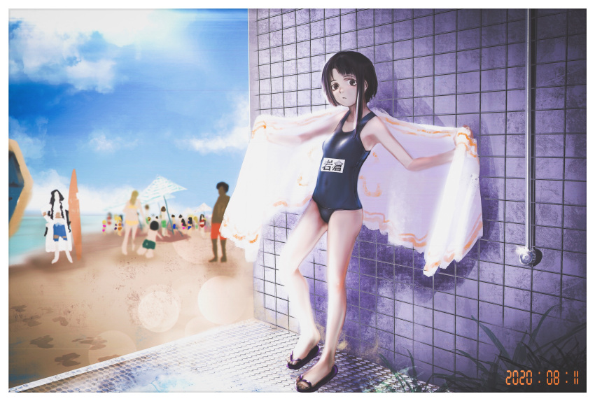 1girl absurdres asymmetrical_hair bare_legs black_swimsuit blue_sky brown_hair character_name cloud cloudy_sky commentary dated expressionless gorilla(1844~) highres holding holding_towel iwakura_lain looking_at_viewer no_hairclip one-piece_swimsuit outdoors sandals serial_experiments_lain short_hair sky solo_focus standing surfboard swimsuit towel translated water wide_shot