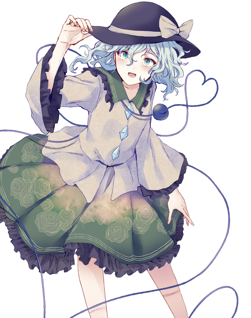 1girl arm_up bangs black_headwear bow collar collared_shirt crystal eyebrows_visible_through_hair eyes_visible_through_hair frills green_eyes green_hair green_skirt hair_between_eyes hand_on_headwear hand_up hat hat_bow highres jewelry komeiji_koishi long_sleeves looking_to_the_side open_mouth shirt simple_background skirt smile solo standing third_eye touhou uranaishi_(miraura) wavy_hair white_background wide_sleeves yellow_bow yellow_shirt yellow_sleeves