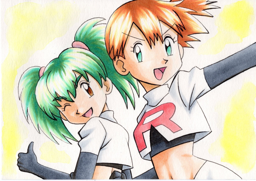 2girls :d ;d bangs black_gloves brown_eyes commentary_request cosplay cropped_jacket duplica_(pokemon) elbow_gloves eyebrows_visible_through_hair eyelashes gloves green_eyes green_hair highres jacket jessie_(pokemon) jessie_(pokemon)_(cosplay) logo looking_at_viewer midriff multiple_girls navel oka_mochi one_eye_closed open_mouth orange_hair outstretched_arm pokemon pokemon_(anime) pokemon_(classic_anime) short_hair skirt smile team_rocket team_rocket_uniform tied_hair tongue traditional_media twintails white_jacket white_skirt yellow_background