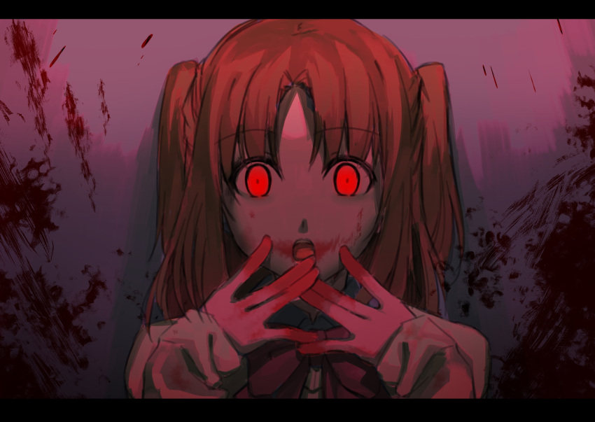 1girl :o \||/ bangs black_border blood blood_on_face blood_on_fingers blood_on_hands blood_splatter border bow bowtie brown_hair ebyaskani eyebrows_visible_through_hair finger_to_mouth fingers_to_mouth highres long_sleeves looking_at_viewer medium_hair open_mouth parted_bangs portrait red_eyes red_neckwear school_uniform sidelocks sketch solo tongue tsukihime tsukihime_(remake) two_side_up upper_teeth wide-eyed yumizuka_satsuki