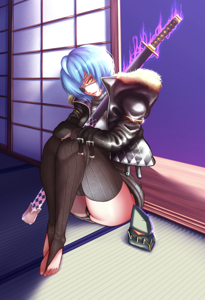 1girl absurdres ahoge aura barefoot belt black_jacket black_legwear black_panties black_sweater blue_eyes commentary_request dark_aura eyepatch feet fur headgear_removed highres hood hoodie indoors jacket katana long_sleeves looking_at_viewer object_hug on_floor onimaru_kunitsuna_(tenka_hyakken) panties patchwork_fat. short_hair sitting sliding_doors solo sweater sword tagme tatami tenka_hyakken thighhighs toes underwear weapon yellow_eyes