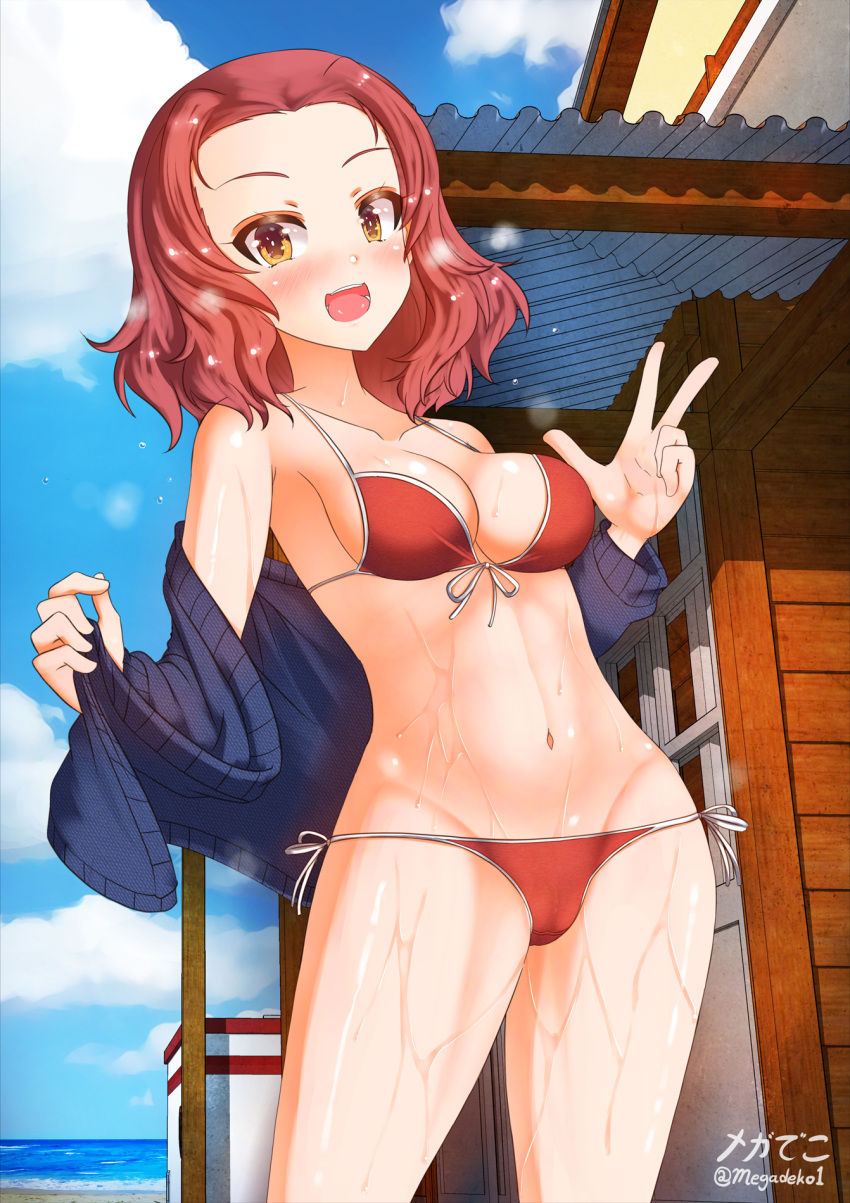 1girl :d aquaegg artist_name beach bikini blue_sky blue_sweater blush breasts building cloud cloudy_sky commentary cowboy_shot day front-tie_bikini front-tie_top girls_und_panzer groin halterneck highres horizon long_sleeves looking_at_viewer medium_breasts medium_hair navel ocean off_shoulder open_mouth orange_eyes outdoors red_bikini red_hair rosehip_(girls_und_panzer) side-tie_bikini signature sky smile solo standing string_bikini sweater swimsuit twitter_username w wet