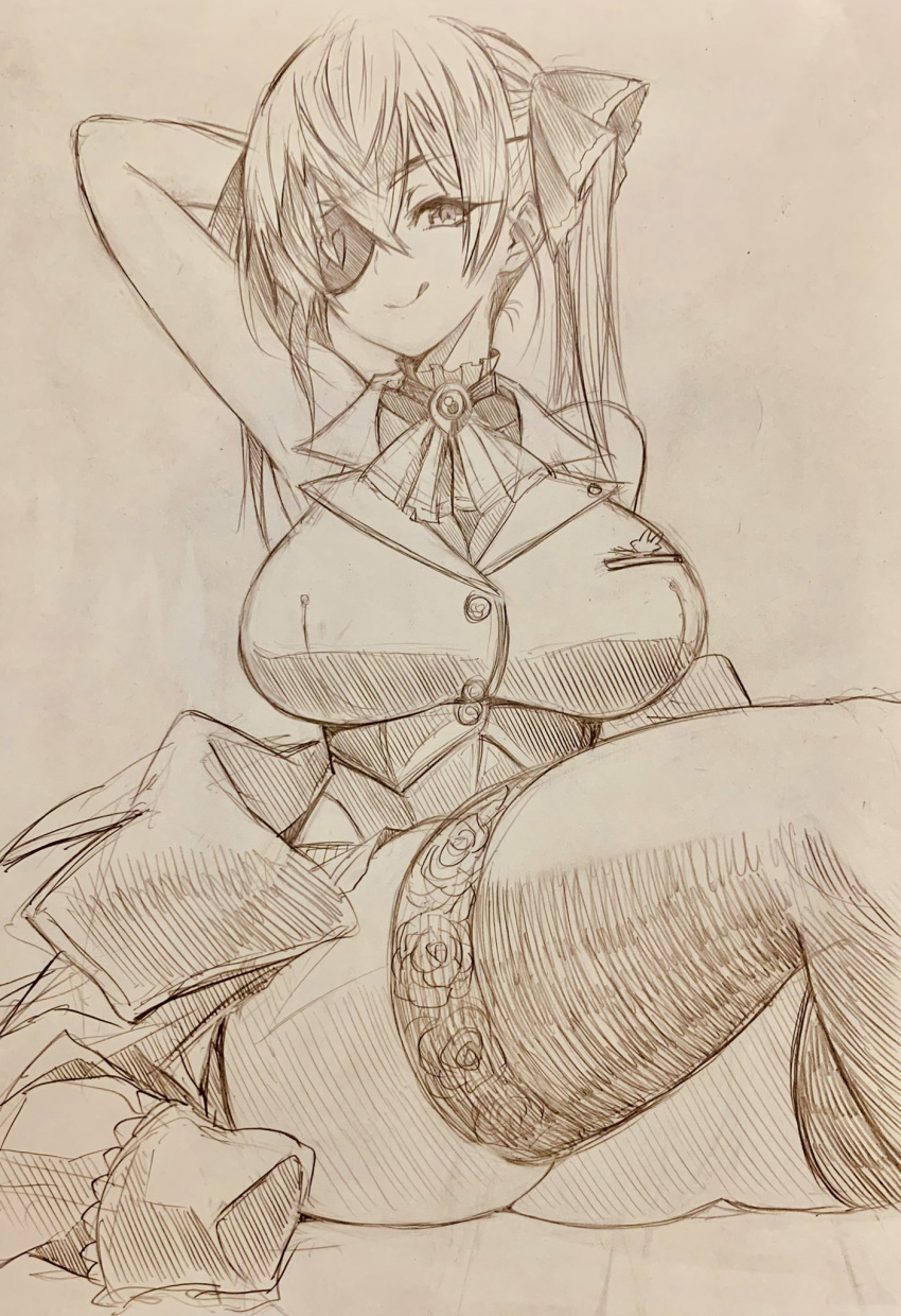 1girl :q arm_behind_head armpits breasts closed_mouth commentary_request highres hololive houshou_marine large_breasts looking_at_viewer medium_hair mitsuba-sama_(milkba-ng) monochrome sitting sketch smile solo thighhighs tongue tongue_out twintails virtual_youtuber
