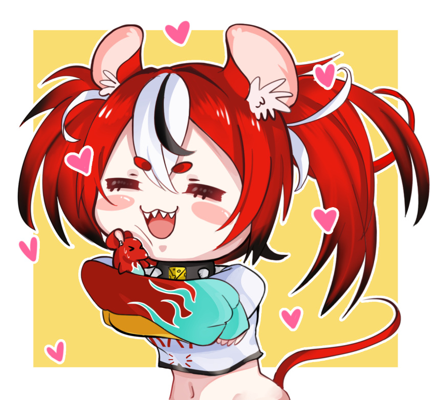 &gt;_&lt; 1girl animal_ear_fluff animal_ears black_hair blush cheese closed_eyes collar eyebrows_visible_through_hair food hair_between_eyes hakos_baelz heart highres hololive hug lighto long_sleeves messy_hair mouse_ears mouse_girl mouse_tail multicolored_hair navel open_mouth red_hair rodent sharp_teeth shirt solo streaked_hair tail teeth two-tone_background upper_body virtual_youtuber white_hair white_shirt