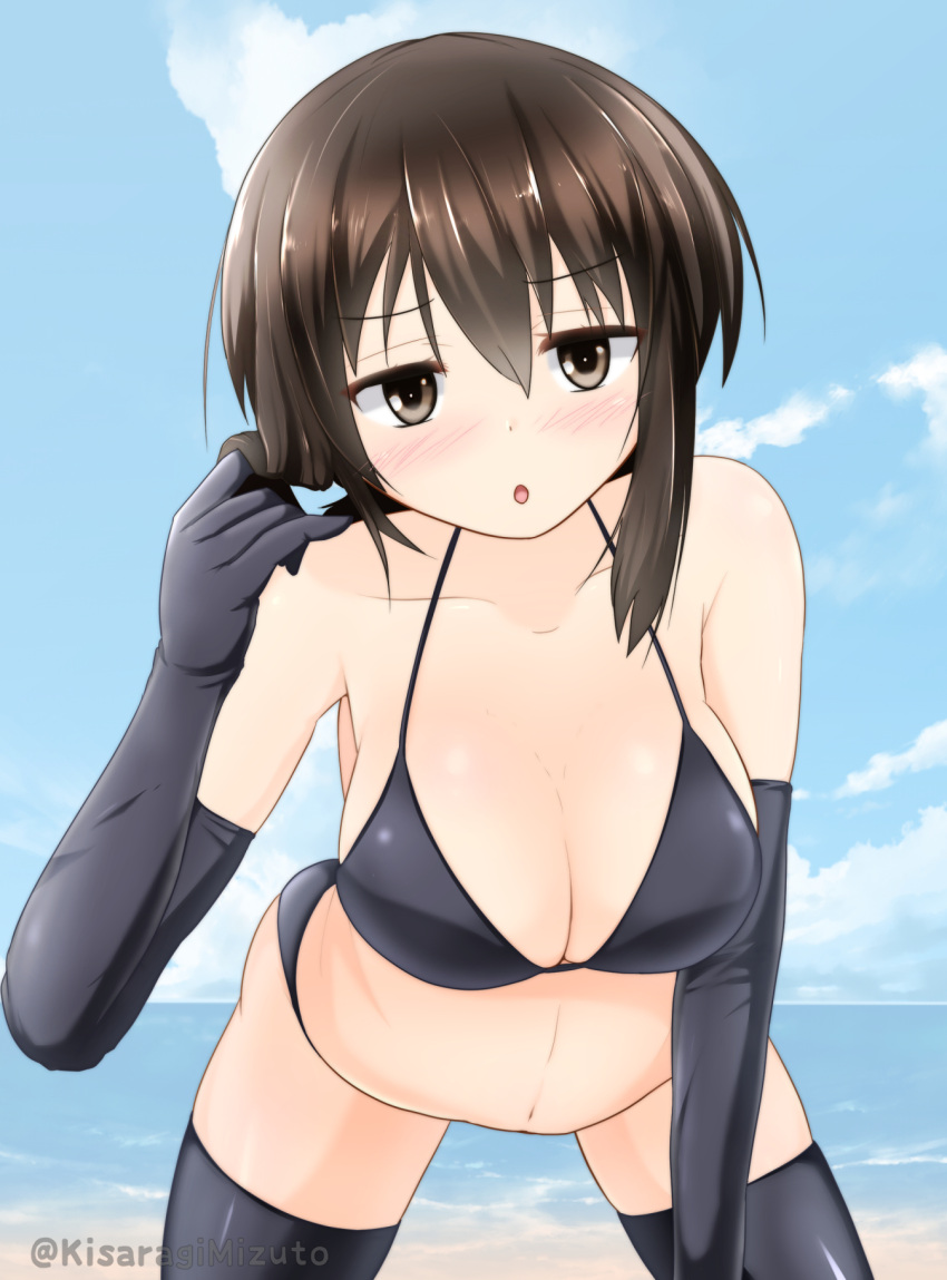 1girl alternate_breast_size beach bikini black_bikini black_eyes black_hair black_legwear blue_sky breasts cleavage cloud commentary_request cowboy_shot day elbow_gloves fubuki_(kancolle) gloves highres horizon kantai_collection kisaragi_mizuto large_breasts leaning_forward long_hair looking_at_viewer low_ponytail navel ocean outdoors ponytail short_ponytail sidelocks sky solo swimsuit thighhighs twitter_username