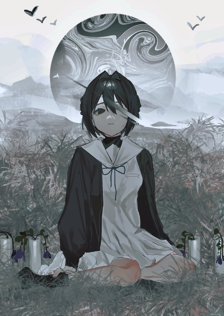 1girl bangs bird black_eyes black_hair black_jacket black_legwear black_ribbon dress expressionless field flower hair_intakes highres isomu jacket long_sleeves looking_at_viewer muted_color original outdoors puffy_long_sleeves puffy_sleeves ribbon sailor_collar sitting smudge socks solo vase white_dress white_sailor_collar wilted_flower