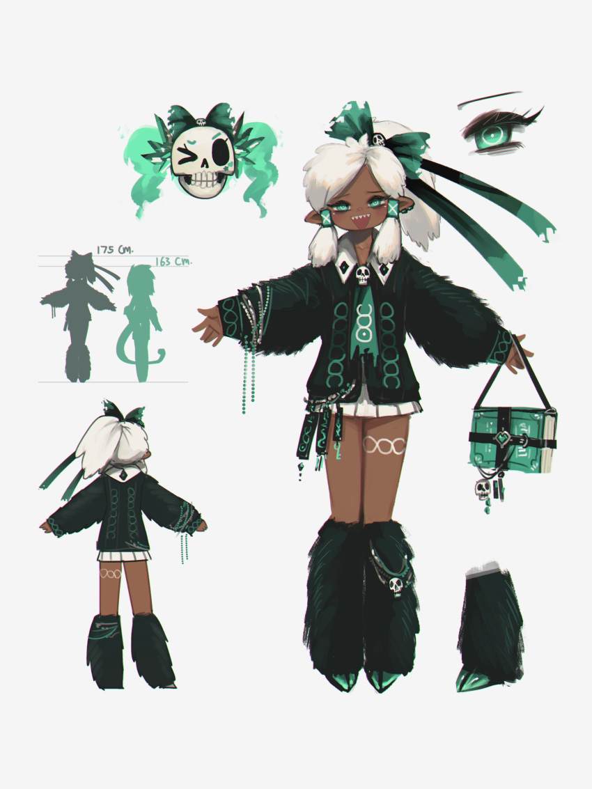 &gt;_o 2girls :d absurdres book cecile_(porforever) commentary dark-skinned_female dark_skin ear_clip english_commentary green_eyes green_hair hair_ornament hair_tubes height_chart highres leg_warmers long_sleeves looking_at_viewer multiple_girls multiple_views necromancer one_eye_closed open_mouth original outstretched_arms pointy_ears ponytail porforever sharp_teeth silhouette simple_background skull skull_hair_ornament smile spread_arms teeth twintails white_background white_hair