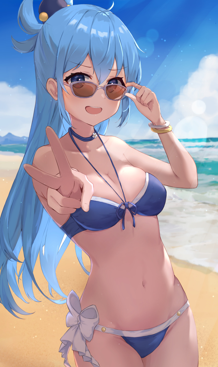 1girl :d absurdres aqua_(konosuba) bangs beach bikini black_ribbon blue_bikini blue_eyes blue_hair blue_sky blurry blurry_background blush bow bracelet breasts choker cleavage cloud collarbone cowboy_shot day eyebrows_visible_through_hair front-tie_bikini front-tie_top grey-framed_eyewear groin hair_between_eyes highres jewelry kono_subarashii_sekai_ni_shukufuku_wo! long_hair looking_at_viewer looking_over_eyewear medium_breasts navel ocean open_mouth orange-tinted_eyewear outdoors ribbon ribbon_choker shin_121 shiny shiny_hair side-tie_bikini sky smile solo standing summer sunglasses sunlight swimsuit tied_hair tinted_eyewear v very_long_hair white_bow