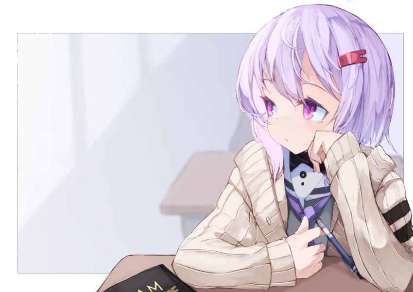 1girl a.i._voice bangs brown_cardigan cardigan closed_mouth commentary_request desk eyebrows_behind_hair grey_shirt hair_ornament hairclip highres long_sleeves looking_away looking_to_the_side mimikuri_(user_mtdk7723) open_cardigan open_clothes pencil purple_eyes purple_hair purple_neckwear sailor_collar school_desk shirt sleeves_past_wrists solo upper_body voiceroid white_sailor_collar yuzuki_yukari yuzuki_yukari_(shizuku)