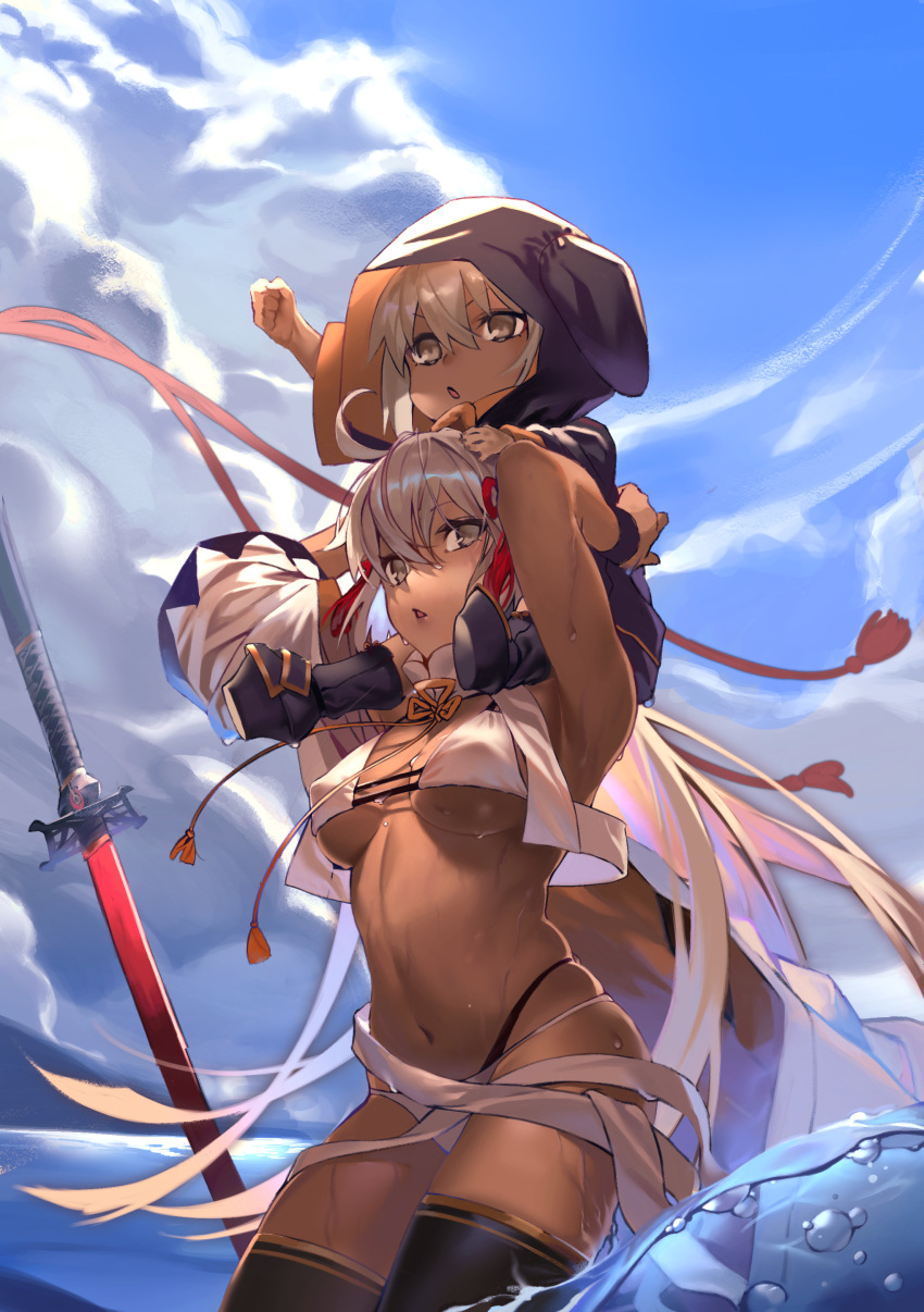 2girls :o absurdres ahoge animal_hood arm_up armpits arms_up bangs bikini black_footwear black_legwear boots breasts brown_eyes brown_hair carrying character_request child clenched_hand cloud cloudy_sky dark-skinned_female dark_skin day detached_collar fate/grand_order fate_(series) hair_between_eyes hair_ribbon highres hiro_(hirohiro_gorira) hood hood_up long_sleeves medium_breasts multi-strapped_bikini multiple_girls navel okita_souji_(alter)_(fate) okita_souji_(fate)_(all) okita_souji_(swimsuit_assassin)_(fate) open_mouth outdoors piggyback planted planted_sword red_ribbon ribbon skindentation sky stomach swimsuit sword tassel thigh_boots thighhighs underboob v-shaped_eyebrows water weapon white_bikini