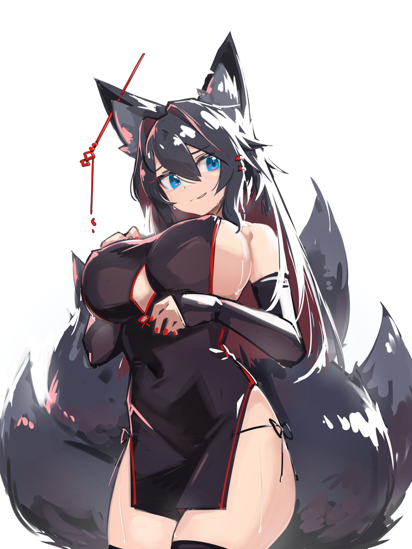 1girl absurdres animal_ear_fluff animal_ears black_dress black_legwear blue_eyes blush borrowed_character breasts china_dress chinese_clothes cleavage_cutout clothing_cutout commentary covered_navel covered_nipples cowboy_shot deel_(rkeg) dress ear_piercing elbow_gloves fingerless_gloves fox_ears fox_girl fox_tail gloves hair_between_eyes hair_intakes hair_ornament hairclip hand_on_breast highres huge_breasts kiri_(sub-res) kitsune looking_at_viewer multiple_tails original panties pelvic_curtain piercing red_nails side-tie_panties sideboob simple_background smile solo sweat symbol-only_commentary tail thighhighs underwear white_background