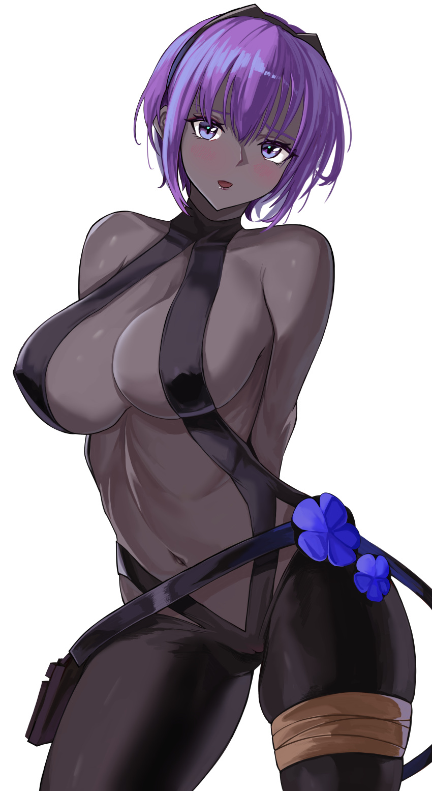 1girl absurdres bangs bare_shoulders black_gloves black_hairband black_leotard blush breasts center_opening cleavage dark-skinned_female dark_skin fate/prototype fate/prototype:_fragments_of_blue_and_silver fate_(series) fingerless_gloves gloves hairband hassan_of_serenity_(fate) highres large_breasts leggings leotard looking_at_viewer loooyd navel open_mouth purple_eyes purple_hair short_hair sidelocks solo