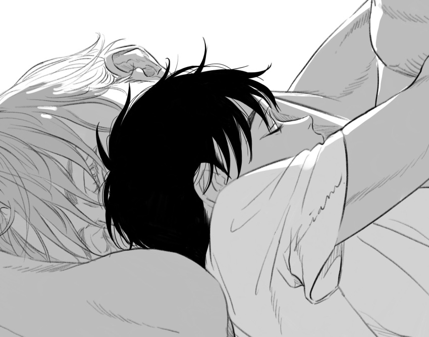 2boys backlighting black_background black_hair close-up closed_eyes covered_mouth expressionless eyelashes facing_away from_behind greyscale hair_over_eyes highres hug katsuki_yuuri liam lying male_focus messy_hair monochrome multiple_boys mutual_hug on_side pillow profile shirt shirtless short_sleeves signature simple_background sleeping upper_body viktor_nikiforov white_shirt yaoi yuri!!!_on_ice